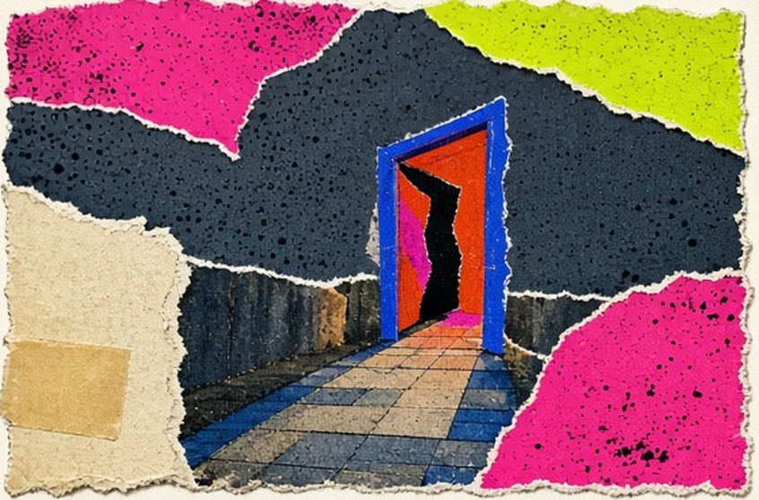 A fluorescent paper doorway opening from a suburban walkway
