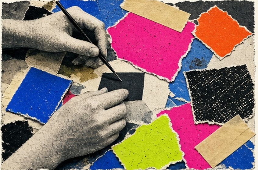Anonymous hands assembling a colorful zine at a shared table