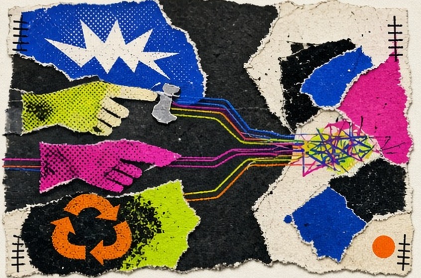 Voice, skill, freedom, and reuse converging in one fluorescent collage