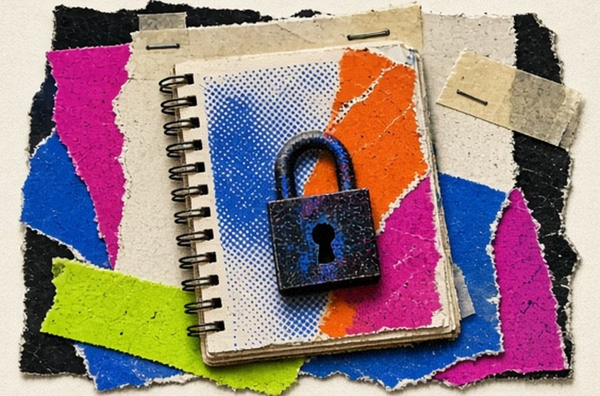 A local notebook protected by a layered paper lock