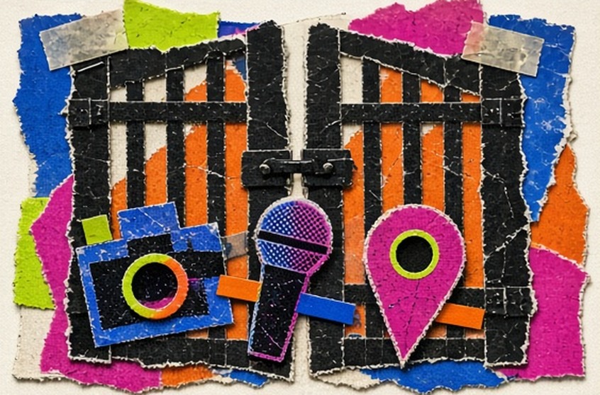 Closed paper gates around camera, microphone, and location symbols