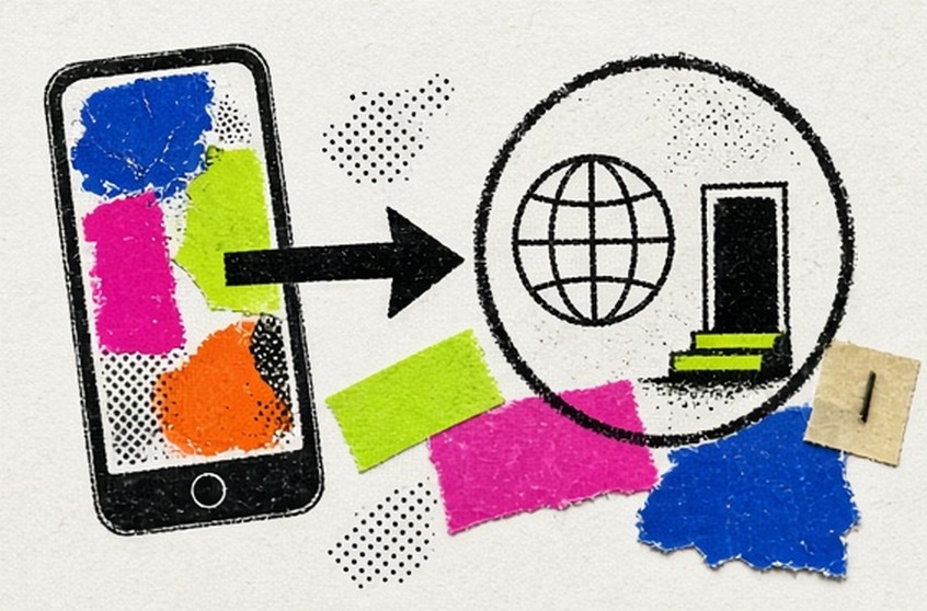 A paper signpost pointing from a device toward an external official web surface